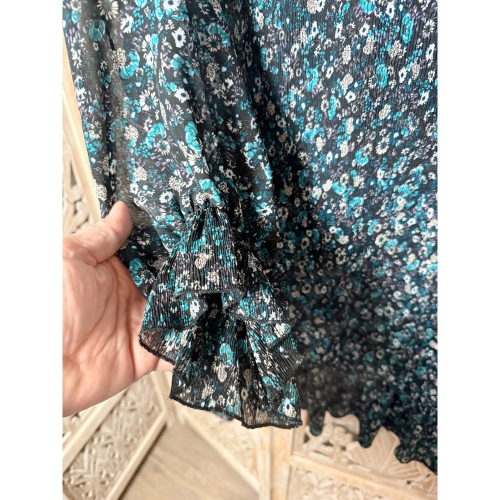 Zara Women Teal Black Floral Plisse Mini Dress Tie Neck Ruffle Long Sleeve Large - Picture 11 of 11